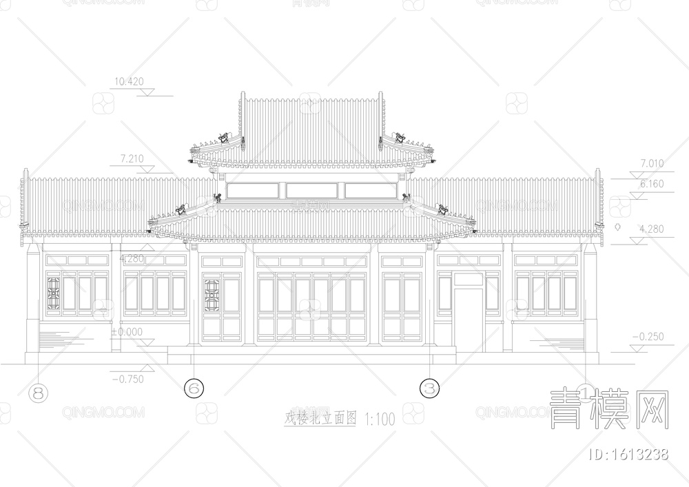 仿古戏楼建筑cad图【ID:1613238】