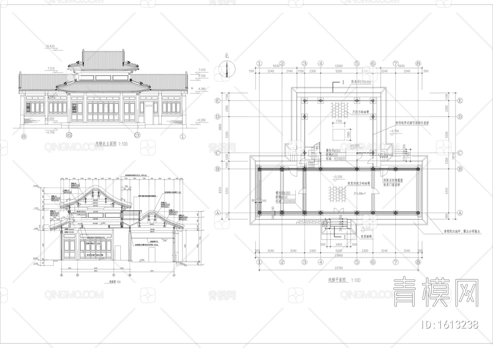 仿古戏楼建筑cad图【ID:1613238】