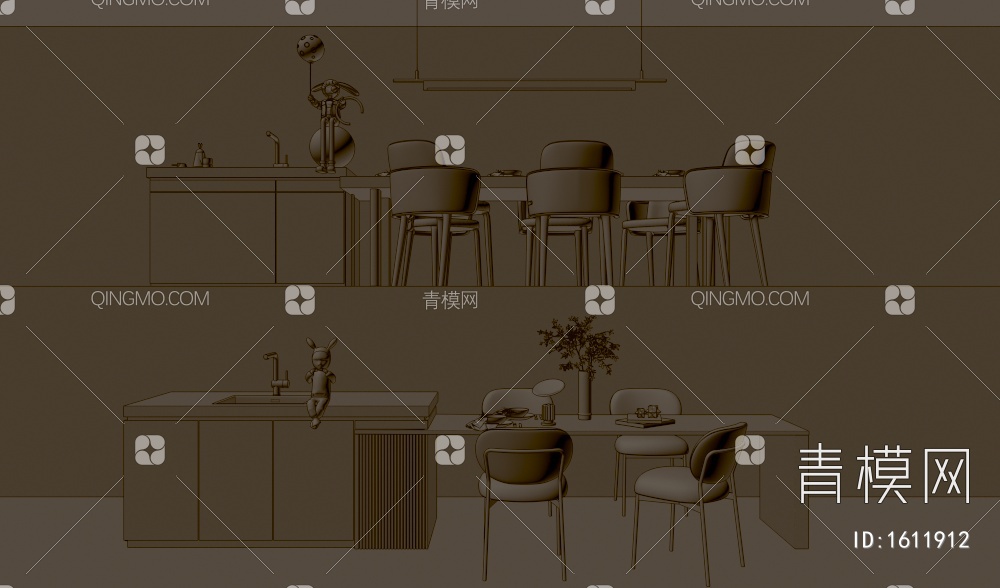 岛台餐桌椅3D模型下载【ID:1611912】