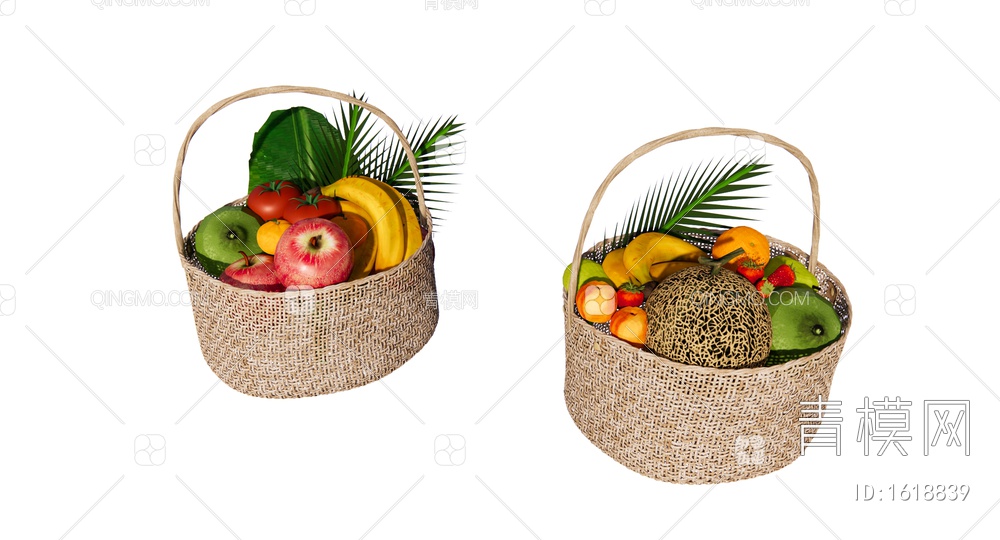 水果蔬菜 竹篮水果 热带水果 苹果 哈密瓜 草莓 香蕉 橘子 梨子 柠檬SU模型下载【ID:1618839】