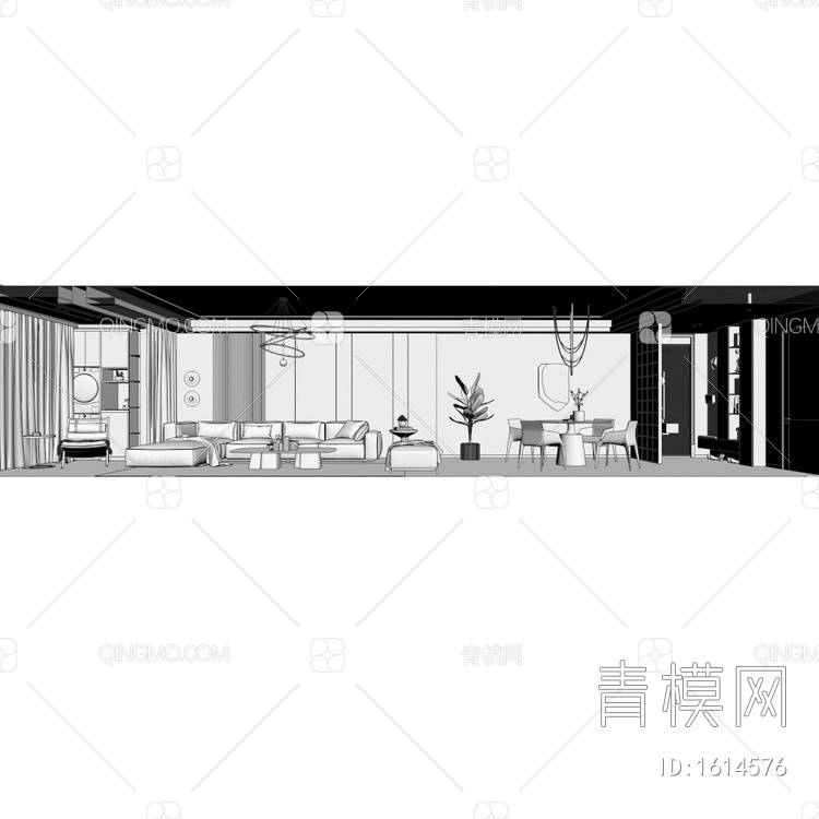 客餐厅 厨房 卫生间 书房3D模型下载【ID:1614576】