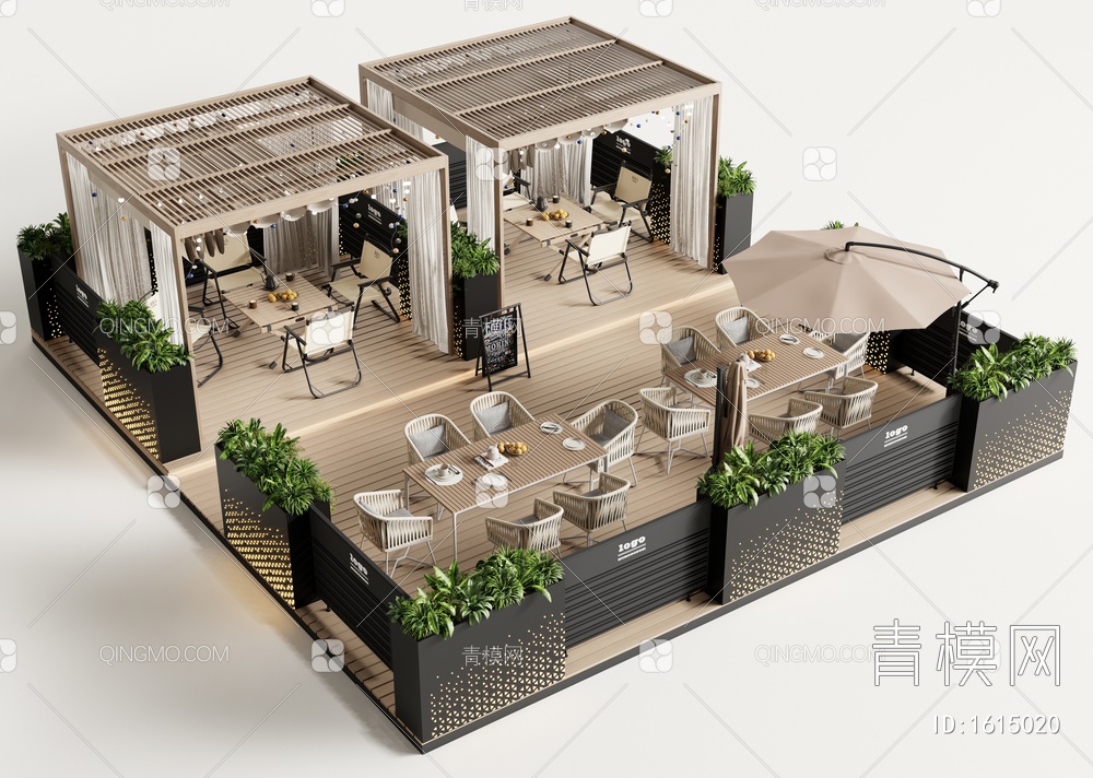 户外商业外摆区 户外桌椅组合 露营桌椅 植物花箱3D模型下载【ID:1615020】