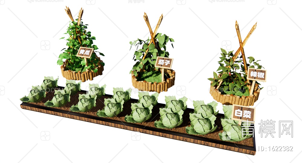 蔬菜种植箱 社区菜园 一米菜园 菜箱 爬藤架 蔬菜木架 黄瓜 茄子 辣椒SU模型下载【ID:1622382】