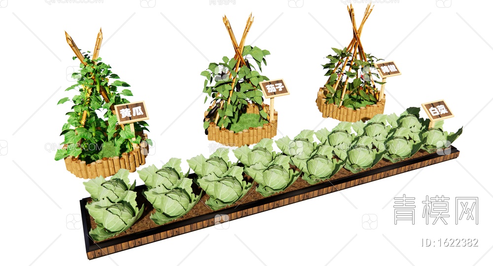 蔬菜种植箱 社区菜园 一米菜园 菜箱 爬藤架 蔬菜木架 黄瓜 茄子 辣椒SU模型下载【ID:1622382】
