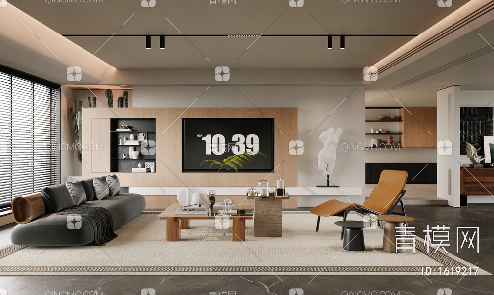 中古，客厅，沙发组合，电视机墙SU模型下载【ID:1619217】