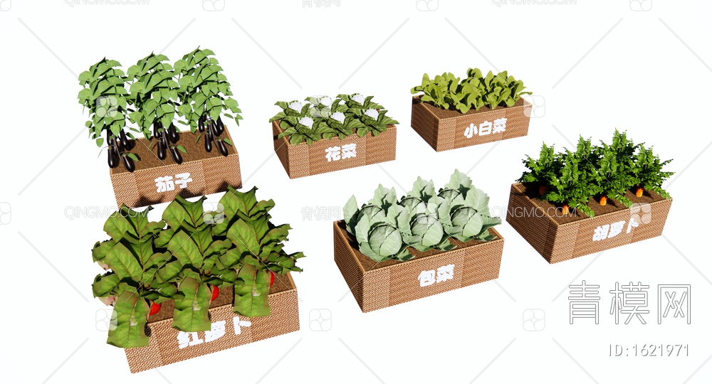 蔬菜种植箱 社区菜园 蔬菜组合 一米菜园 菜箱 茄子 花菜 胡萝卜 白菜SU模型下载【ID:1621971】