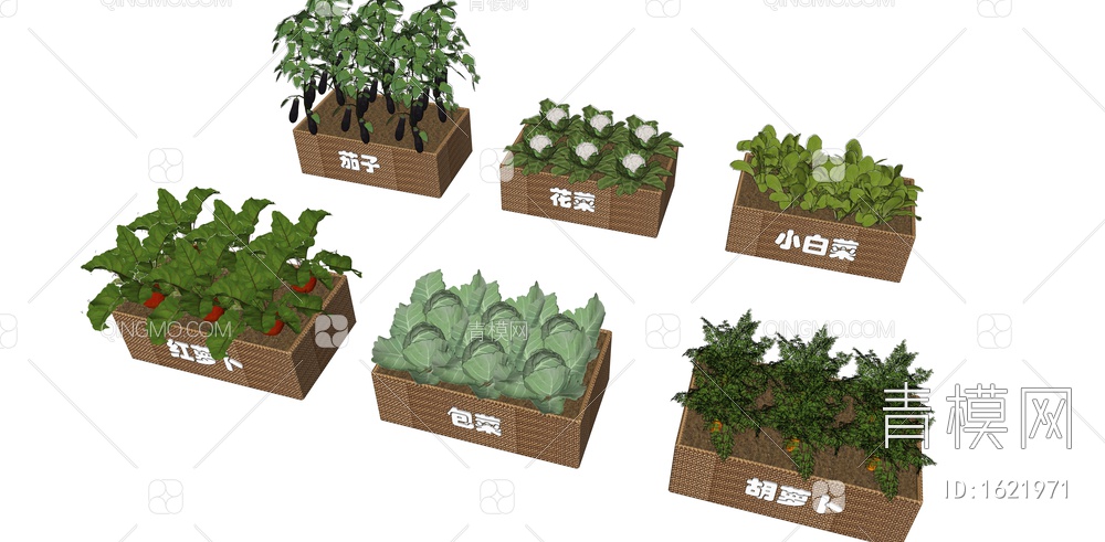 蔬菜种植箱 社区菜园 蔬菜组合 一米菜园 菜箱 茄子 花菜 胡萝卜 白菜SU模型下载【ID:1621971】