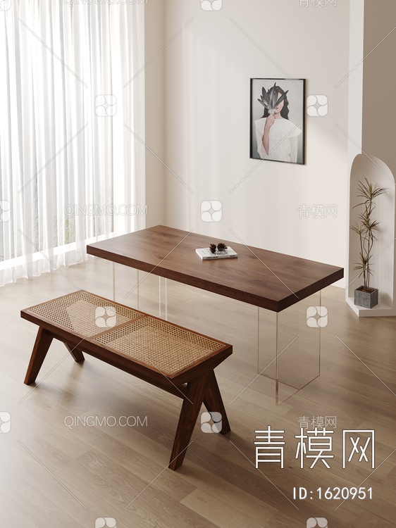 实木餐桌长凳组合3D模型下载【ID:1620951】