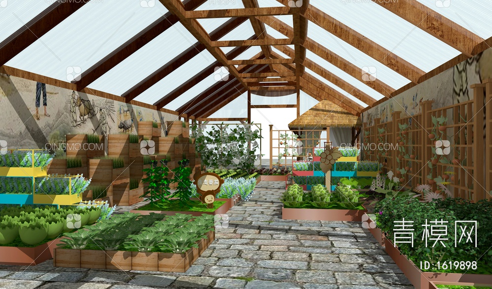 菜园景观 大棚蔬菜 玻璃阳光房 庭院景观 菜地 蔬菜组合 温室种植3D模型下载【ID:1619898】