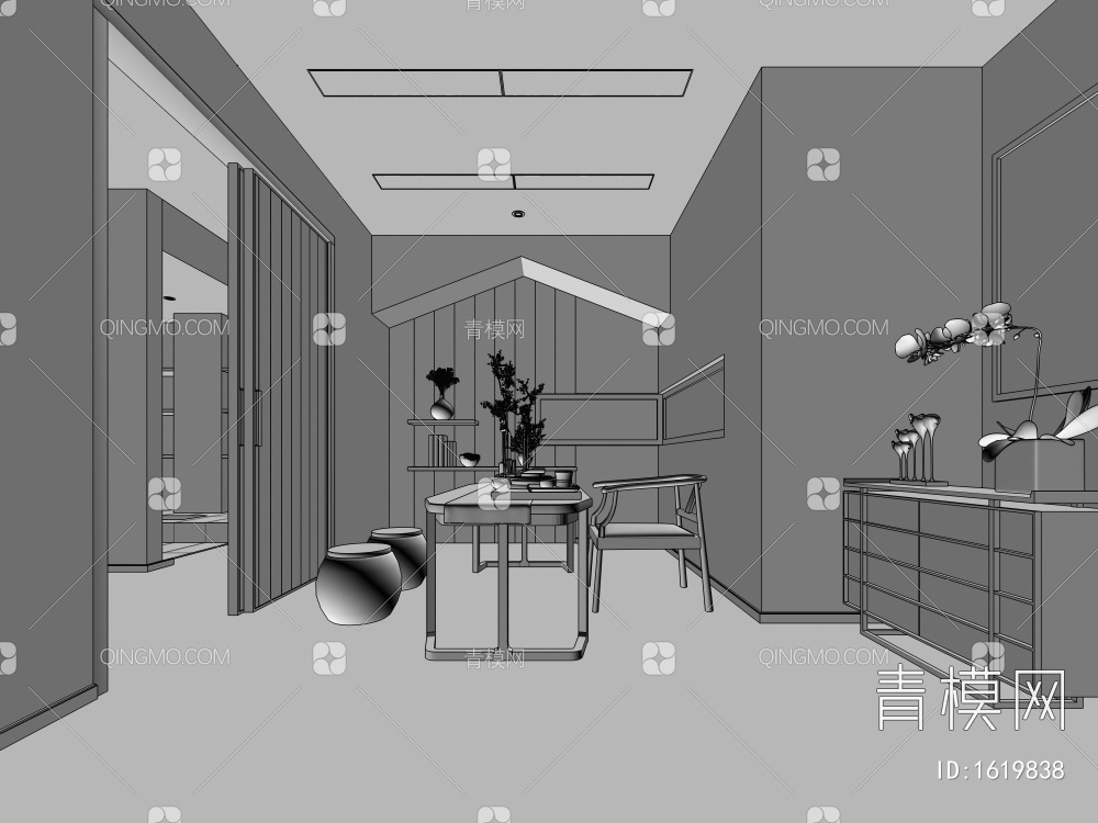 茶室，茶具家具3D模型下载【ID:1619838】