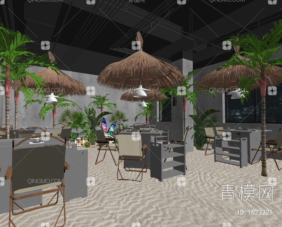室外沙滩火锅餐厅 海边沙地火锅餐厅SU模型下载【ID:1623321】