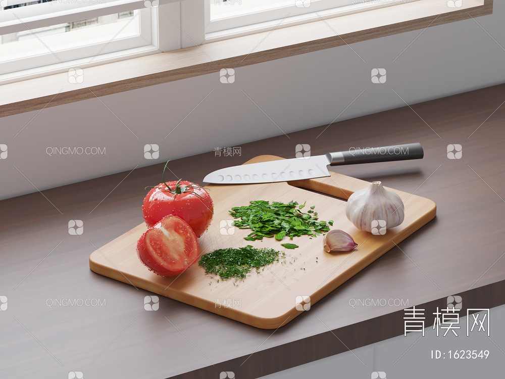 西红柿 大蒜 砧板 菜板 菜刀3D模型下载【ID:1623549】