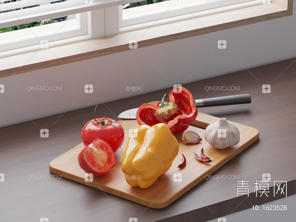 辣椒 西红柿 大蒜 砧板 菜板 菜刀3D模型下载【ID:1623528】