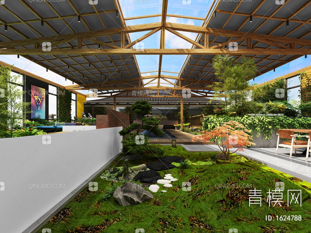 屋顶花园，阳光房，室内景观，茶室，绿植，家具，水景3D模型下载【ID:1624788】