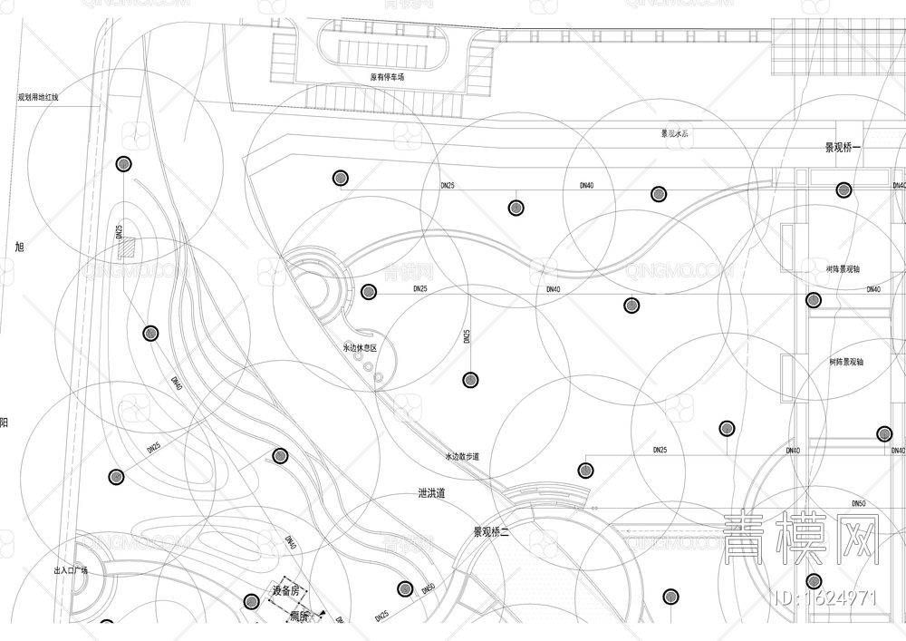 公园景观 手动浇灌给水平面图【ID:1624971】