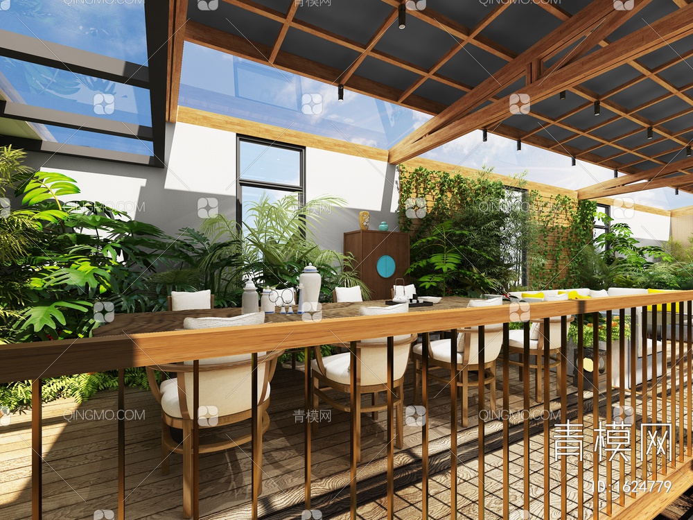 屋顶花园，阳光房，室内景观，茶室，绿植，家具，水景3D模型下载【ID:1624779】