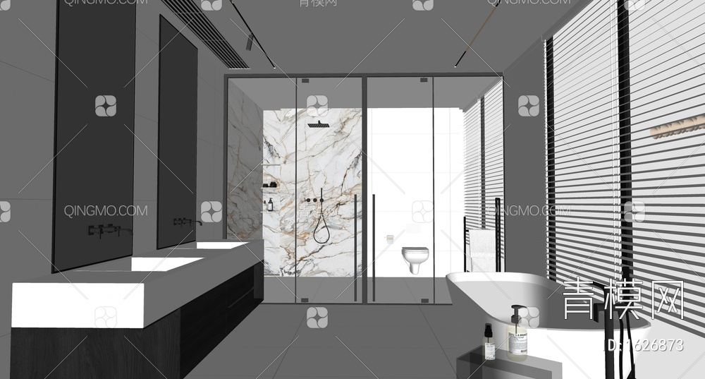 高级灰卫生间 浴室浴缸SU模型下载【ID:1626873】