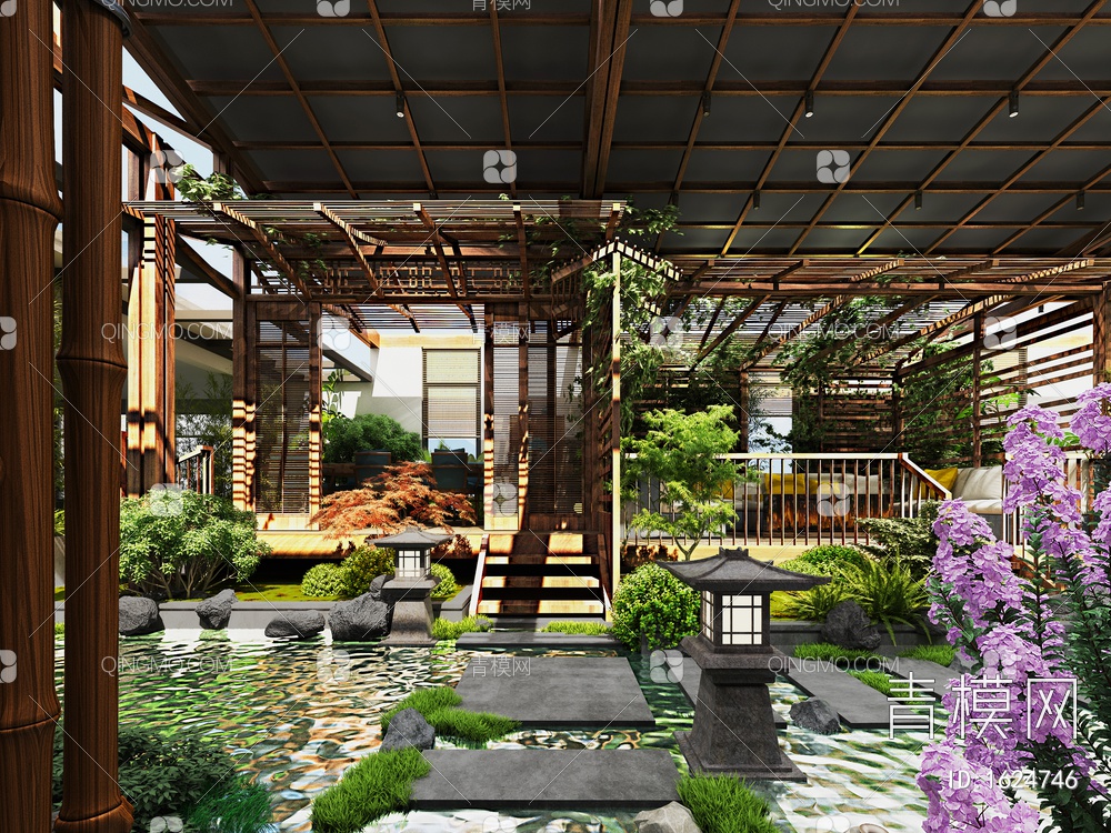 屋顶花园，阳光房，室内景观，茶室，绿植，家具，水景3D模型下载【ID:1624746】