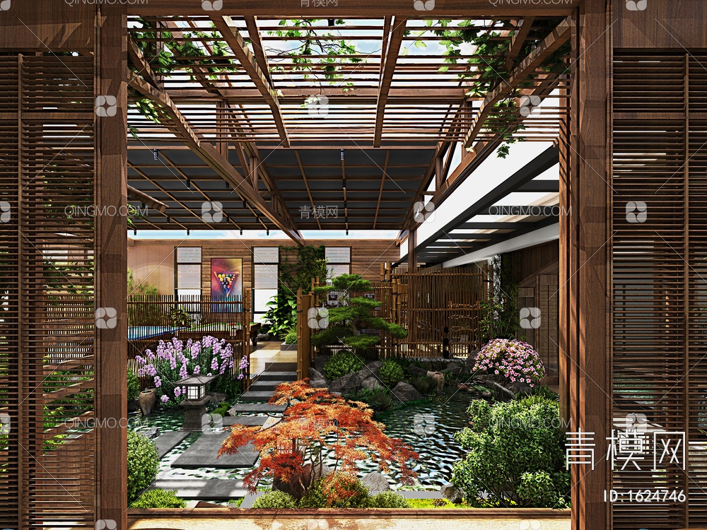 屋顶花园，阳光房，室内景观，茶室，绿植，家具，水景3D模型下载【ID:1624746】