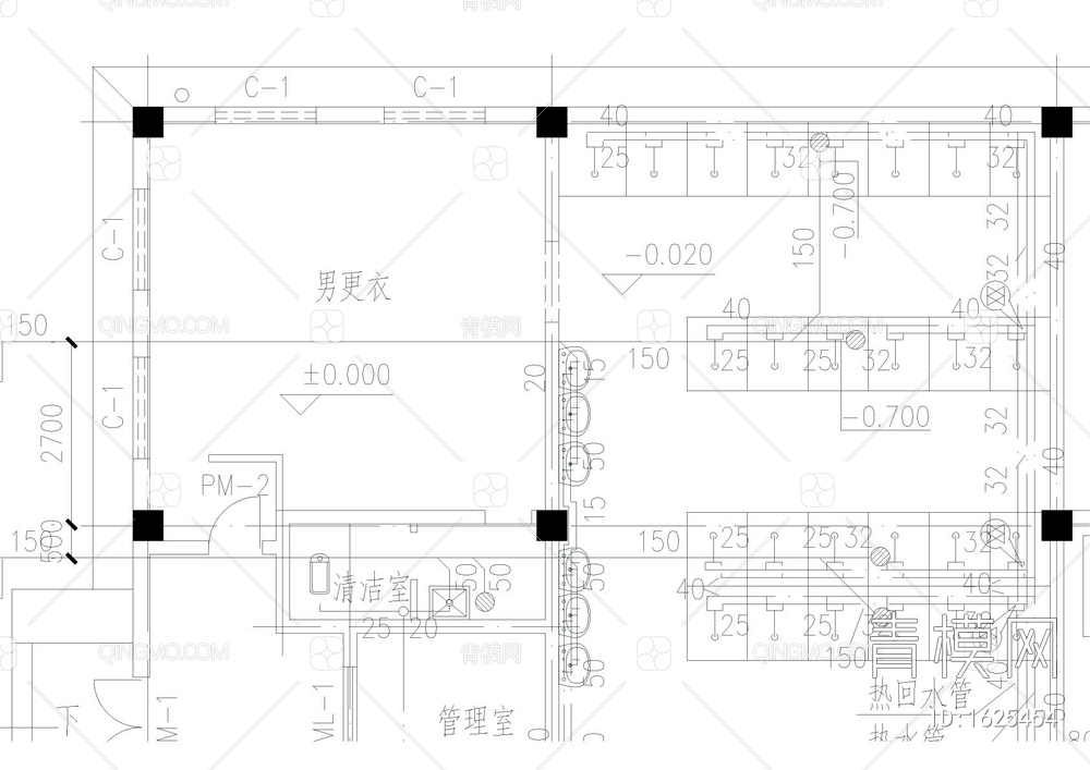 锅炉房浴室CAD给排水图【ID:1625454】