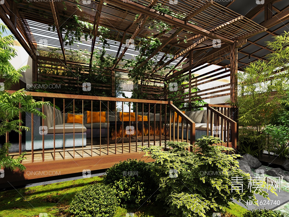 屋顶花园，阳光房，室内景观，茶室，绿植，家具，水景3D模型下载【ID:1624740】