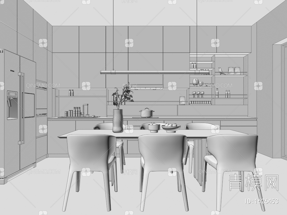开放式厨房，餐厅，餐桌椅，橱柜3D模型下载【ID:1626453】