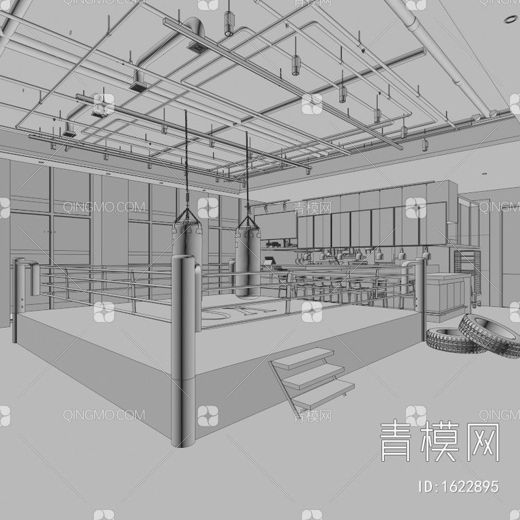 健身房 健身器械 椭圆机 跑步机 哑铃 杠铃 动感单车 健身房画3D模型下载【ID:1622895】