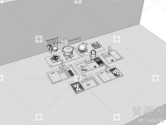 水槽 洗菜盆 灶台 多头炉灶 厨房用品3D模型下载【ID:1626246】