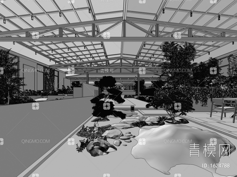 屋顶花园，阳光房，室内景观，茶室，绿植，家具，水景3D模型下载【ID:1624788】