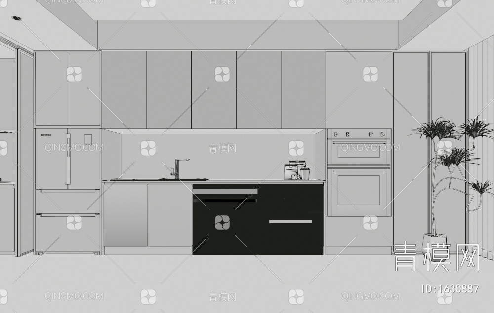 厨房橱柜组合 烤箱 微波炉 水槽 吊柜3D模型下载【ID:1630887】