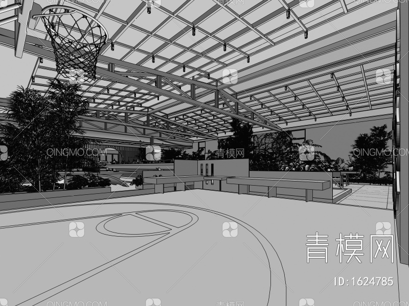 屋顶花园，阳光房，室内景观，篮球场，茶室，绿植，家具，水景3D模型下载【ID:1624785】