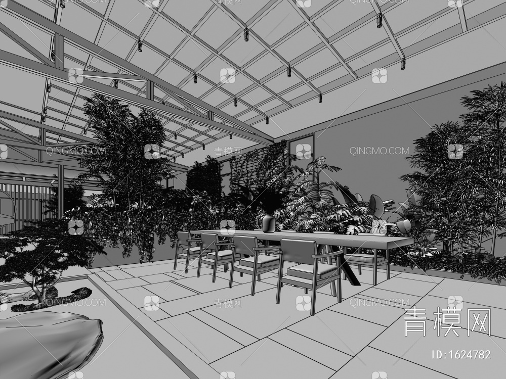 屋顶花园，阳光房，室内景观，茶室，绿植，家具，水景3D模型下载【ID:1624782】