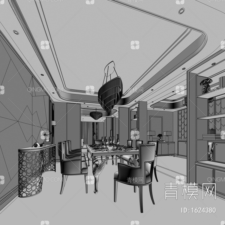 餐厅，餐桌，餐边柜，吊灯3D模型下载【ID:1624380】