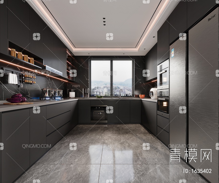 黑白灰封闭式厨房3D模型下载【ID:1635402】