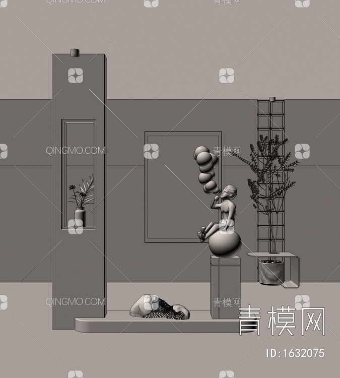 黑白装饰画 吹气球小孩雕塑 绿植3D模型下载【ID:1632075】