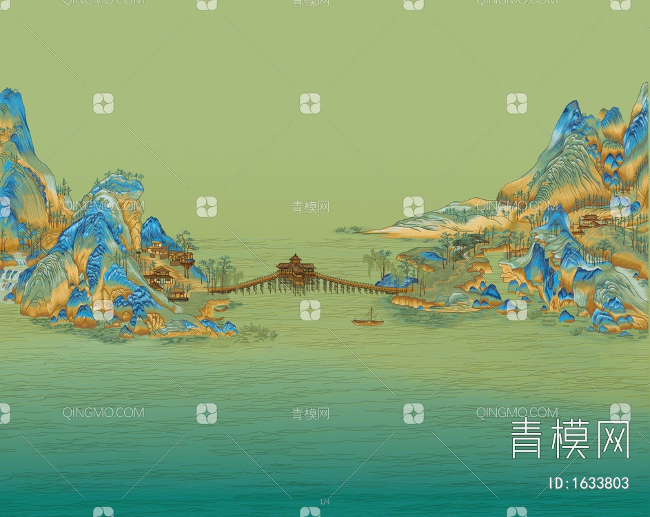 新中式壁画千里江山贴图下载【ID:1633803】