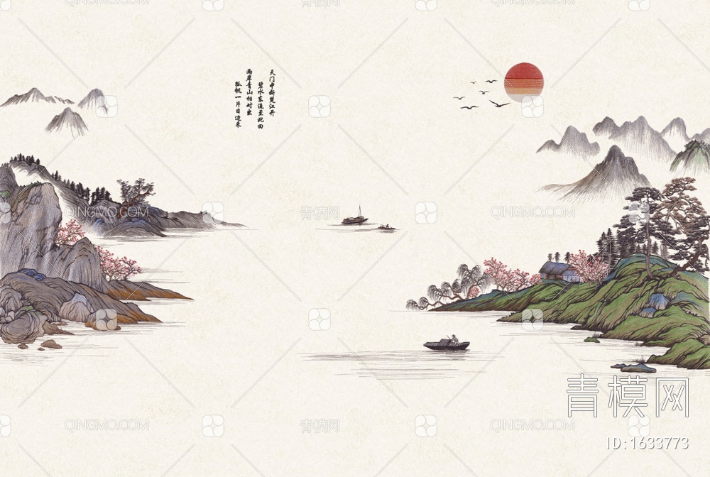 新中式壁画山河壮丽贴图下载【ID:1633773】