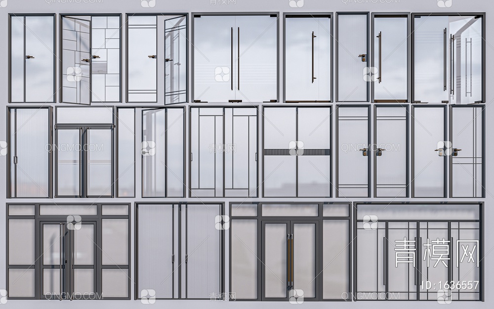 玻璃门 玻璃推拉门 公司玻璃门 过道门 落地玻璃 玻璃门组合SU模型下载【ID:1636557】
