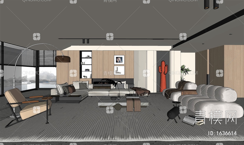 ，原木，客厅，沙发组合，沙发背景墙SU模型下载【ID:1636614】