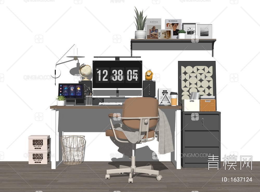 书桌椅组合 电脑桌 台式电脑 墙饰摆件SU模型下载【ID:1637124】