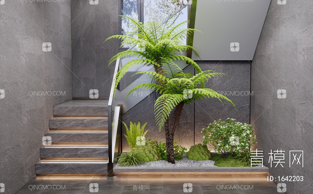 楼梯间景观造景 植物景观 植物堆 蕨类植物 热带植物 乔木SU模型下载【ID:1642203】