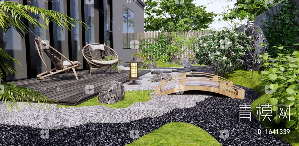 居家庭院景观 枯山水 假山石头 置石 汀步 植物景观 围栏3D模型下载【ID:1641339】