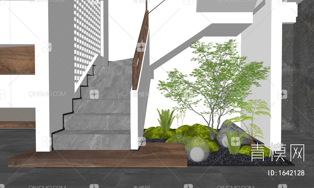 楼梯间 室内植物造景 石头 植物堆 乔木SU模型下载【ID:1642128】