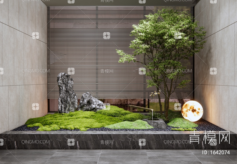 室内景观造景 庭院小品 绿植景观 水钵 石头 景观树 鸡爪槭 苔藓植物3D模型下载【ID:1642074】