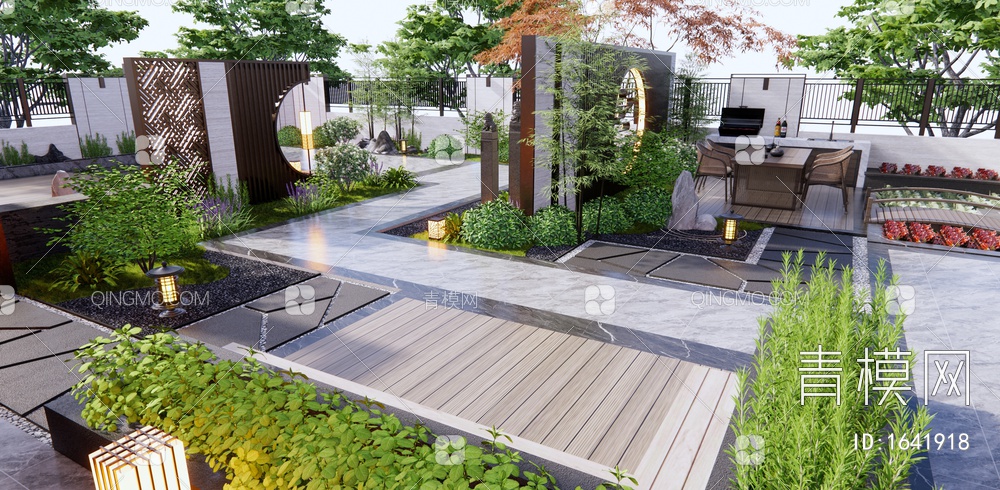 庭院景观 景墙 亭子 假山水景 植物景观 灌木绿植 户外桌椅3D模型下载【ID:1641918】