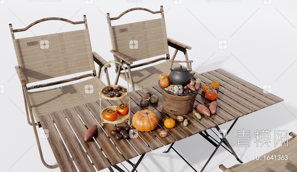 户外桌椅 围炉煮茶 露营茶具 柿子 南瓜 板栗 花生 红薯3D模型下载【ID:1641363】