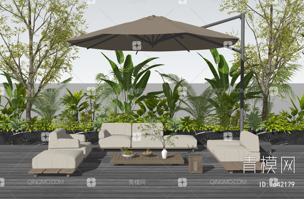 户外沙发茶几组合 双人沙发 单人沙发 灌木花草 植物景观SU模型下载【ID:1642179】