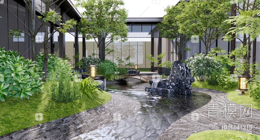 中庭庭院景观 假山水景 跌水景观 石头 植物景观 树木3D模型下载【ID:1641315】