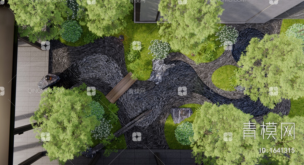 中庭庭院景观 假山水景 跌水景观 石头 植物景观 树木3D模型下载【ID:1641315】
