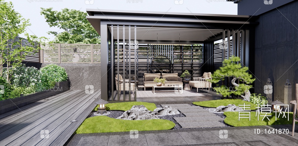 庭院景观 屋顶花园 户外桌椅 户外沙发 亭子 流水景墙 灌木植物 景观树3D模型下载【ID:1641870】
